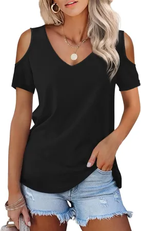 Amoretu Womens Short Sleeve Cold Shoulder Basic Tee Tops Shirts