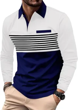 Beotyshow Mens Striped Polo Shirts Long Sleeve Contrast Color Golf Casual Shirt Collared Fashion T Shirts