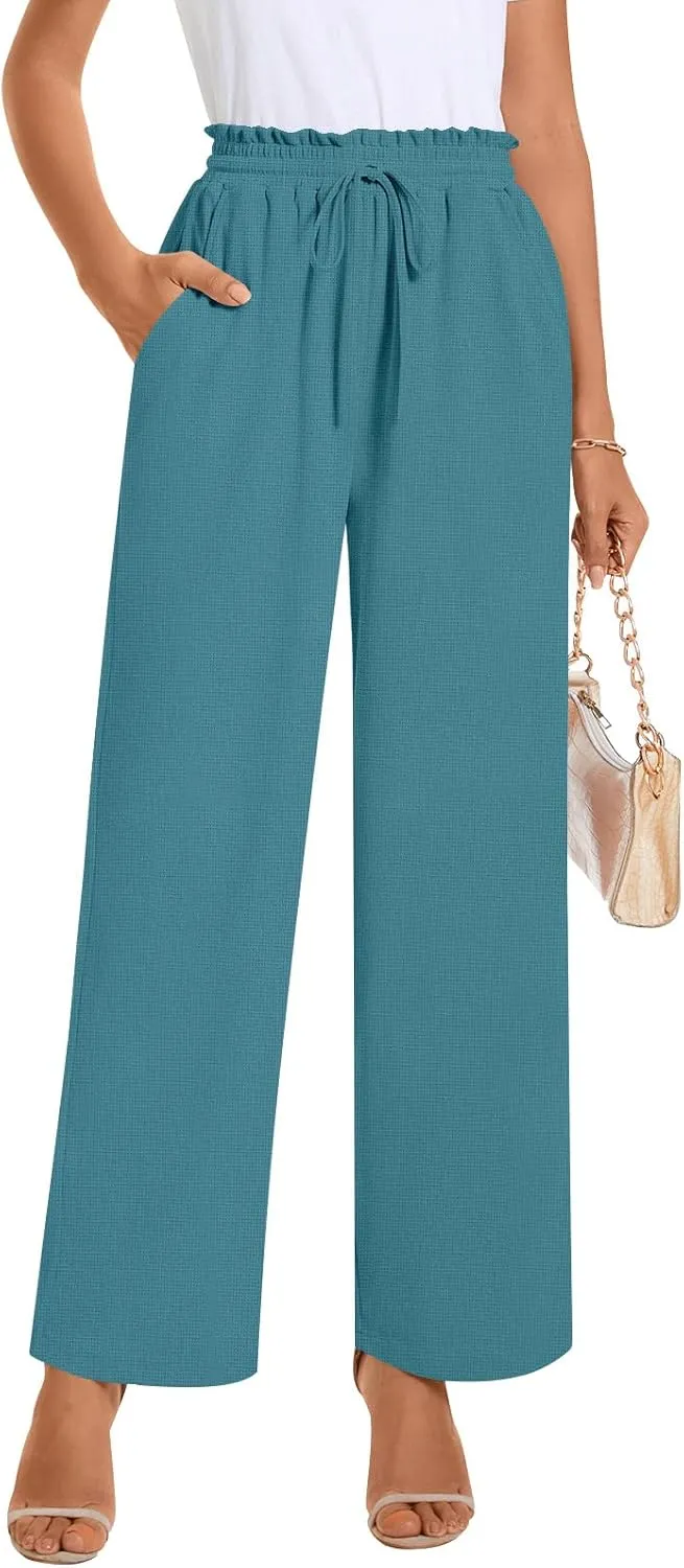 Bestbee Womens Business Casual Pants, Loose Fit Long Trousers 2025 Spring High Waist Waffle Knit Sweatpants with Pockets