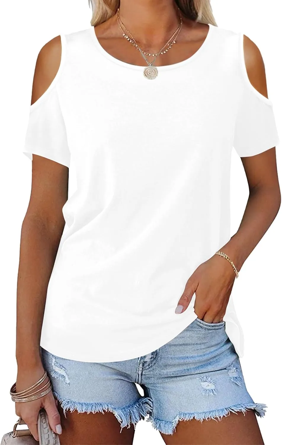 DittyandVibe Summer Tops Knit Shirts Casual Cold Shoulder Tee Blouse for Women