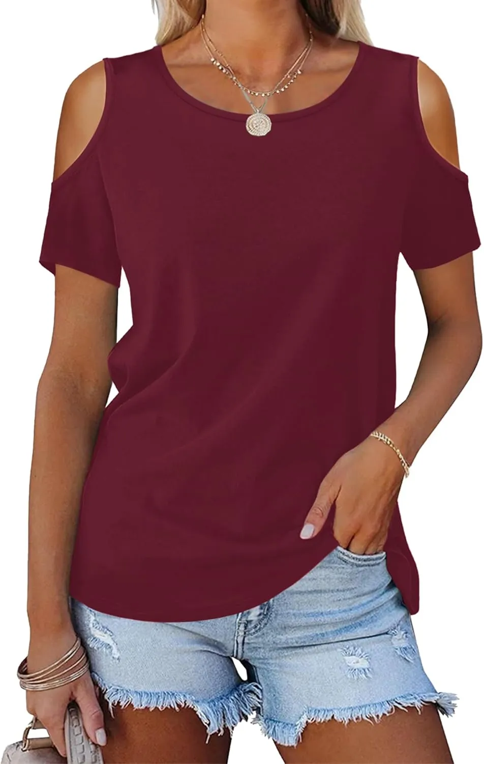 DittyandVibe Summer Tops Knit Shirts Casual Cold Shoulder Tee Blouse for Women