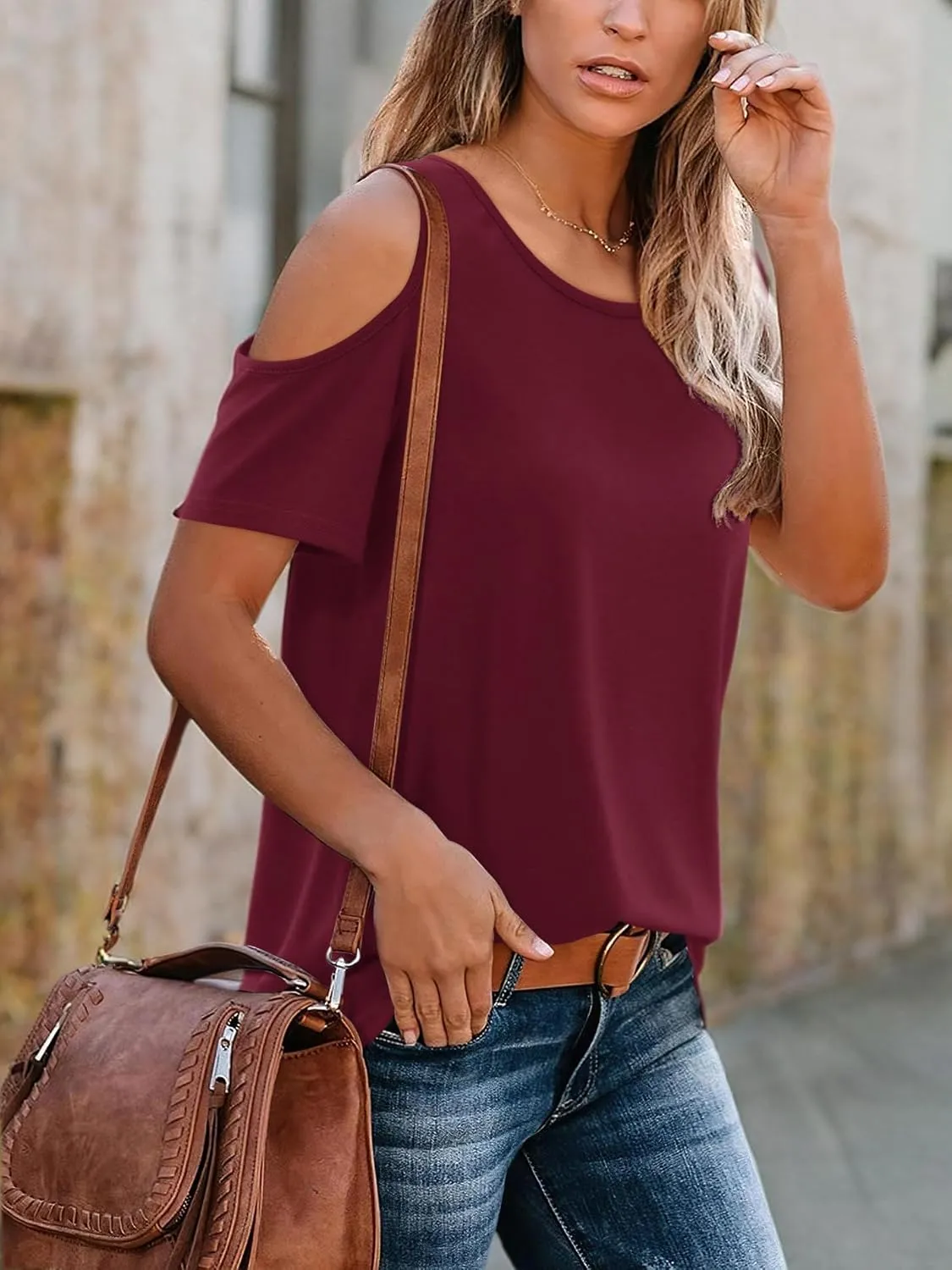 DittyandVibe Summer Tops Knit Shirts Casual Cold Shoulder Tee Blouse for Women