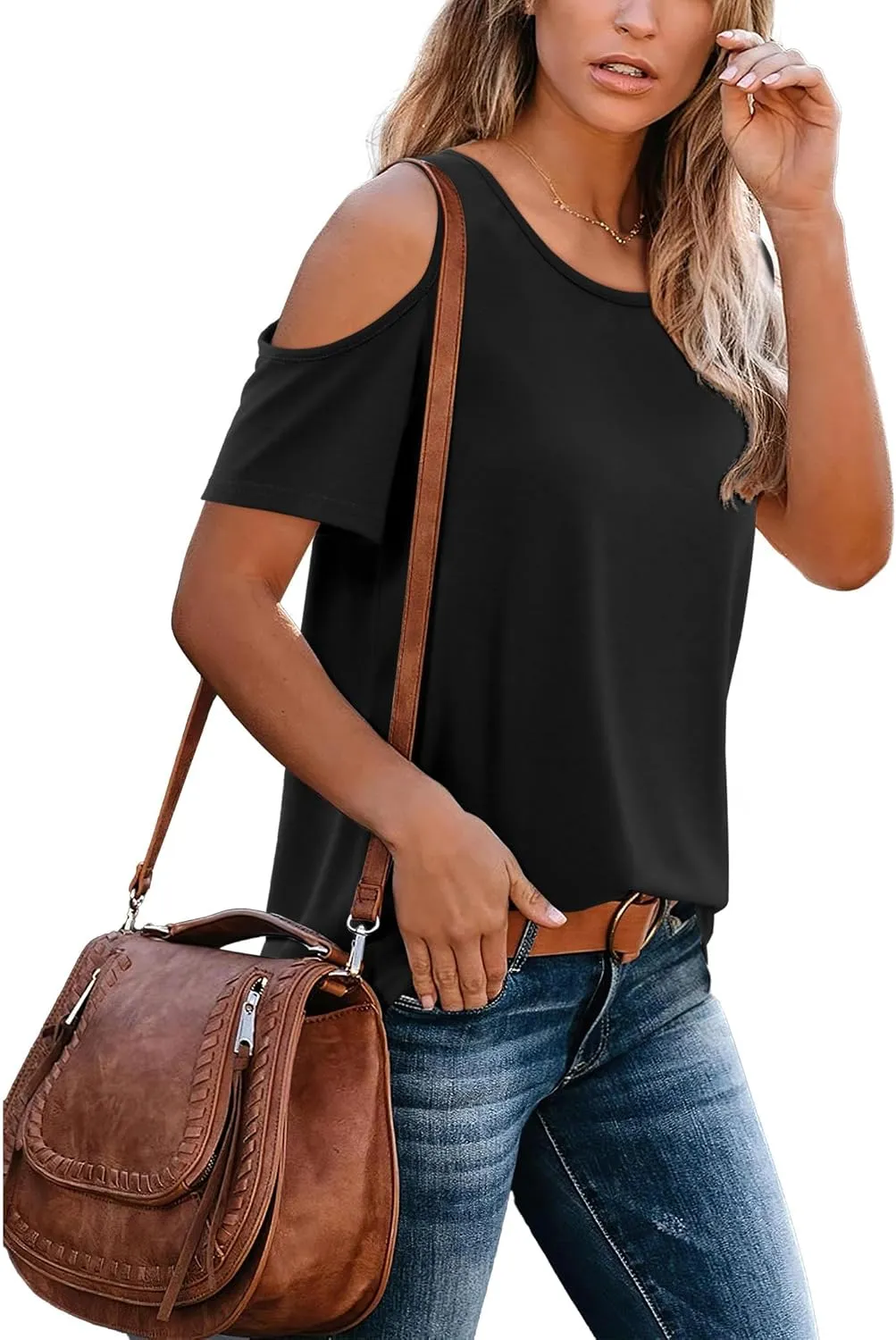 DittyandVibe Summer Tops Knit Shirts Casual Cold Shoulder Tee Blouse for Women