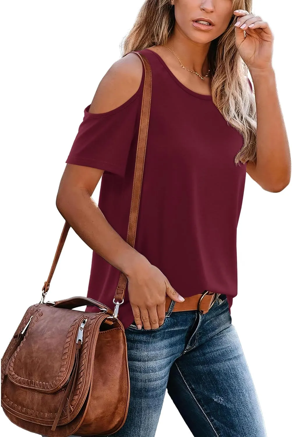 DittyandVibe Summer Tops Knit Shirts Casual Cold Shoulder Tee Blouse for Women