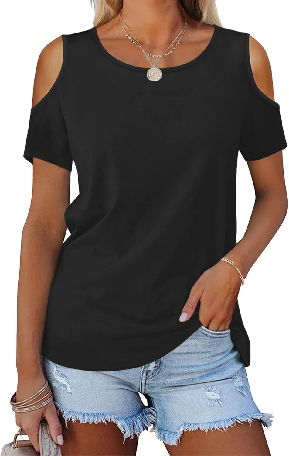 DittyandVibe Summer Tops Knit Shirts Casual Cold Shoulder Tee Blouse for Women