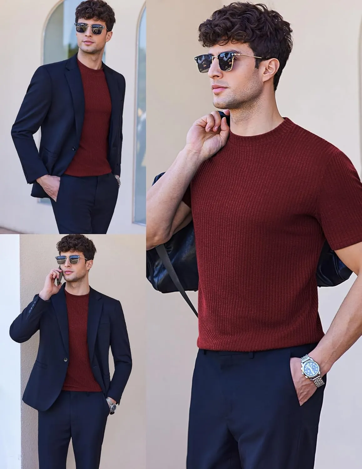 Ekouaer Mens Mock Turtleneck Short Sleeve Knit T Shirts Slim Fit Basic Thermal Tops Lightweight Tee S-XXXL