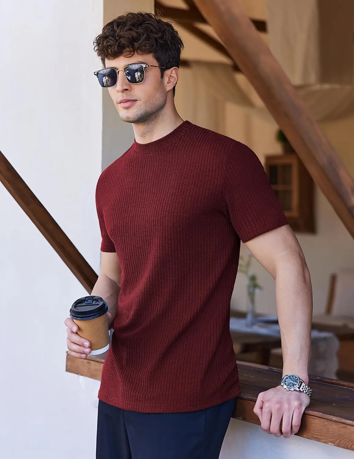 Ekouaer Mens Mock Turtleneck Short Sleeve Knit T Shirts Slim Fit Basic Thermal Tops Lightweight Tee S-XXXL