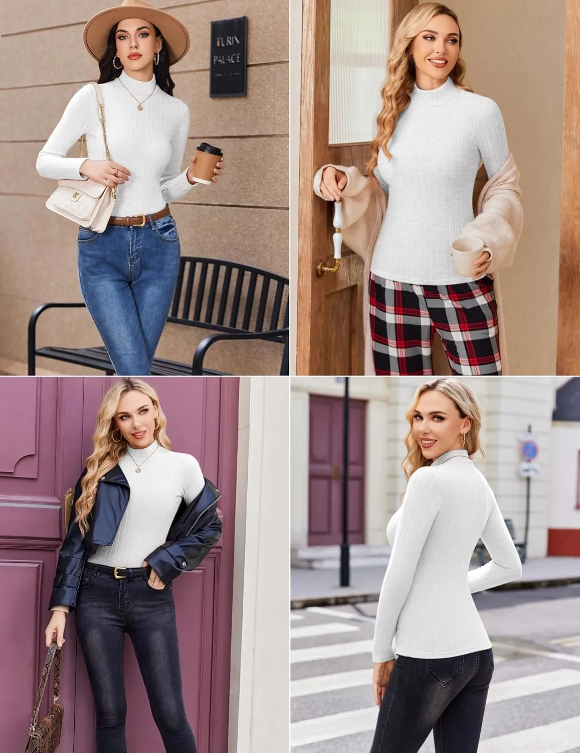 Ekouaer Women's Mock Turtleneck Long Sleeve Shirts Fall Ribbed Tops Fleece Basic Layering Soft Thermal Undershirts Tee