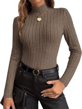 Ekouaer Women's Mock Turtleneck Long Sleeve Shirts Fall Ribbed Tops Fleece Basic Layering Soft Thermal Undershirts Tee