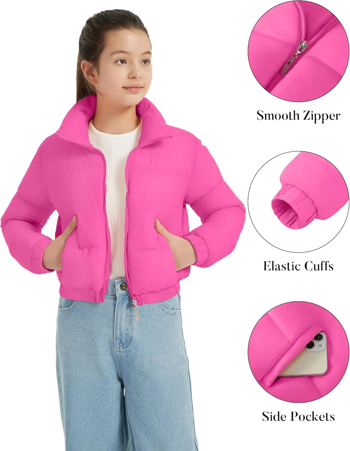 EXARUS Girls Puffer Jacket Warm Water Repellent Oversized/Cropped Stand Collar Pockets Zip up Quilted Short Bubble Coat