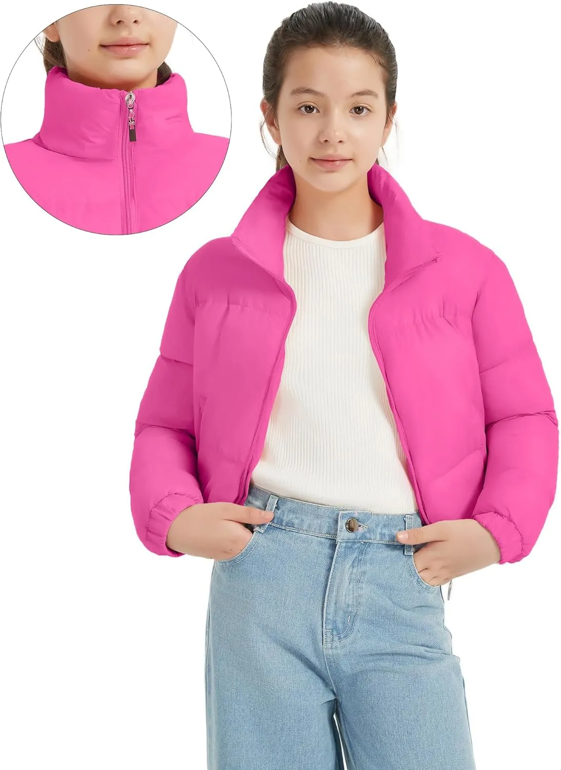 EXARUS Girls Puffer Jacket Warm Water Repellent Oversized/Cropped Stand Collar Pockets Zip up Quilted Short Bubble Coat