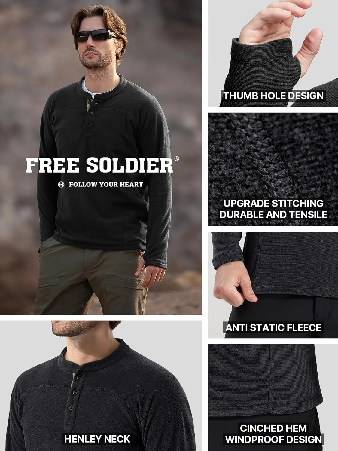 FREE SOLDIER Men's Thermal Henley Long Sleeve Shirts Fleece Pullover Sweaters Lightweight Sweatshirts