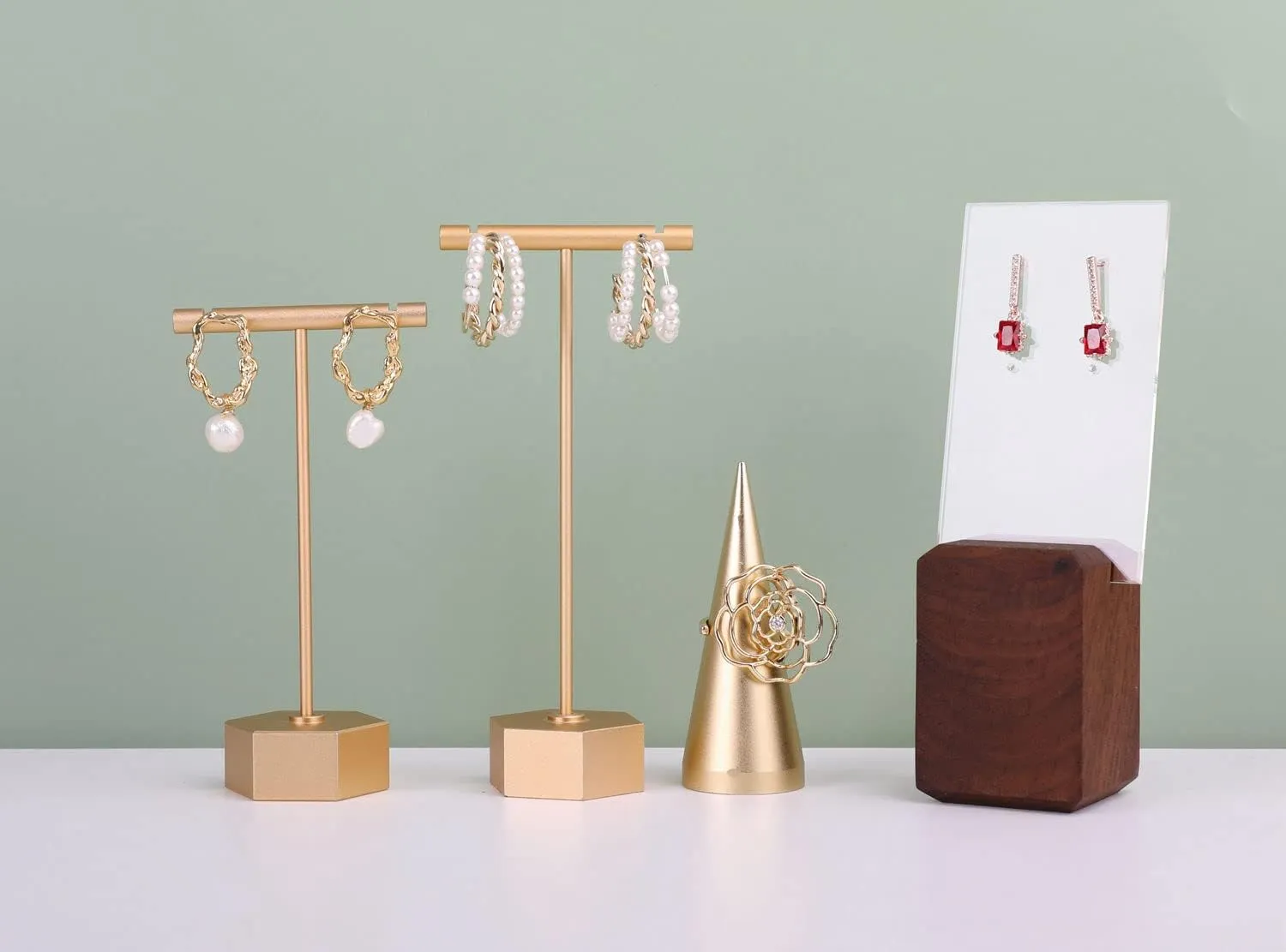 GemeShou Gold Metal Earring T Bar Stand, Single small earring hanger display, Retail earring holder for show, Jewelry earring organizer for Online store PhotographyGold-Hexagon Base Height 4.5"
