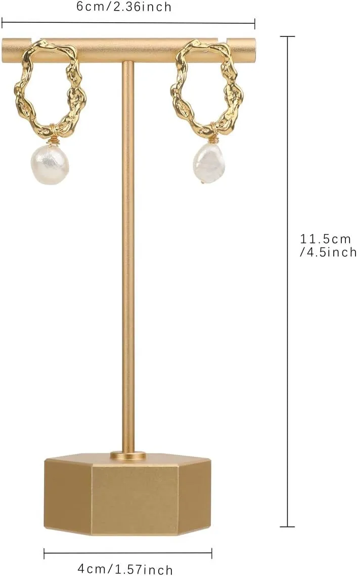 GemeShou Gold Metal Earring T Bar Stand, Single small earring hanger display, Retail earring holder for show, Jewelry earring organizer for Online store PhotographyGold-Hexagon Base Height 4.5"