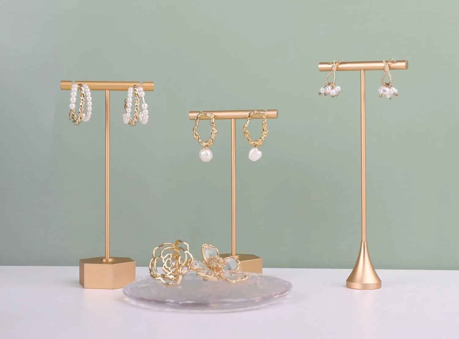 GemeShou Gold Metal Earring T Bar Stand, Single small earring hanger display, Retail earring holder for show, Jewelry earring organizer for Online store PhotographyGold-Hexagon Base Height 4.5"
