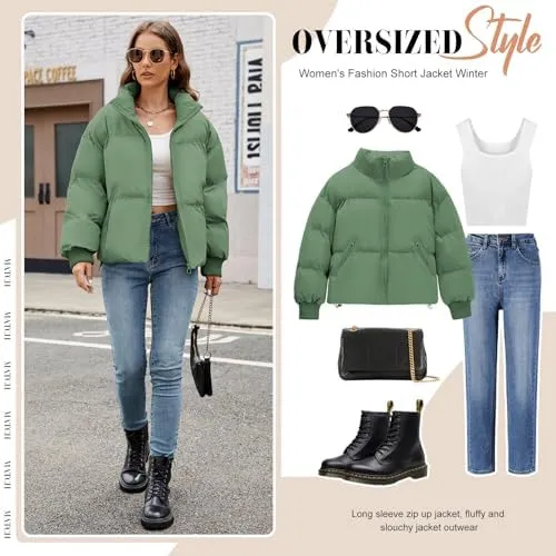 HEEKPEK Puffer Jacket Womens 2024 Winter Coats Cropped Long Sleeve Zip Puffy Quilted Jackets Stand Collar Baggy Short Coat