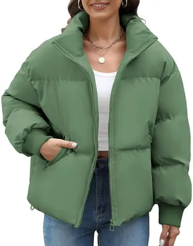HEEKPEK Puffer Jacket Womens 2024 Winter Coats Cropped Long Sleeve Zip Puffy Quilted Jackets Stand Collar Baggy Short Coat