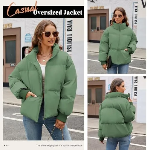 HEEKPEK Puffer Jacket Womens 2024 Winter Coats Cropped Long Sleeve Zip Puffy Quilted Jackets Stand Collar Baggy Short Coat
