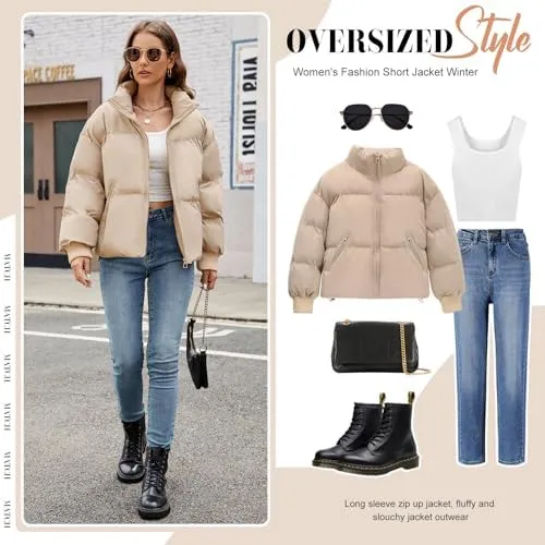 HEEKPEK Puffer Jacket Womens 2024 Winter Coats Cropped Long Sleeve Zip Puffy Quilted Jackets Stand Collar Baggy Short Coat