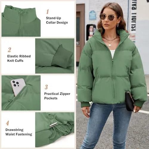 HEEKPEK Puffer Jacket Womens 2024 Winter Coats Cropped Long Sleeve Zip Puffy Quilted Jackets Stand Collar Baggy Short Coat