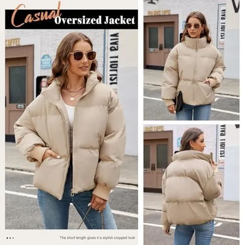 HEEKPEK Puffer Jacket Womens 2024 Winter Coats Cropped Long Sleeve Zip Puffy Quilted Jackets Stand Collar Baggy Short Coat