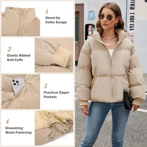 HEEKPEK Puffer Jacket Womens 2024 Winter Coats Cropped Long Sleeve Zip Puffy Quilted Jackets Stand Collar Baggy Short Coat