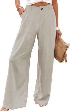 Hooever Womens Cotton Linen Pants Casual Button Up High Waisted Wide Leg Trousers