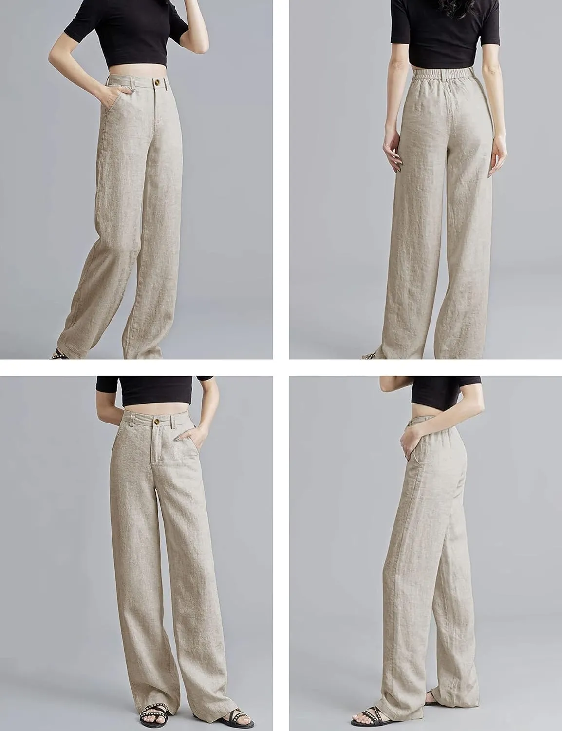 Hooever Womens Cotton Linen Pants Casual Button Up High Waisted Wide Leg Trousers
