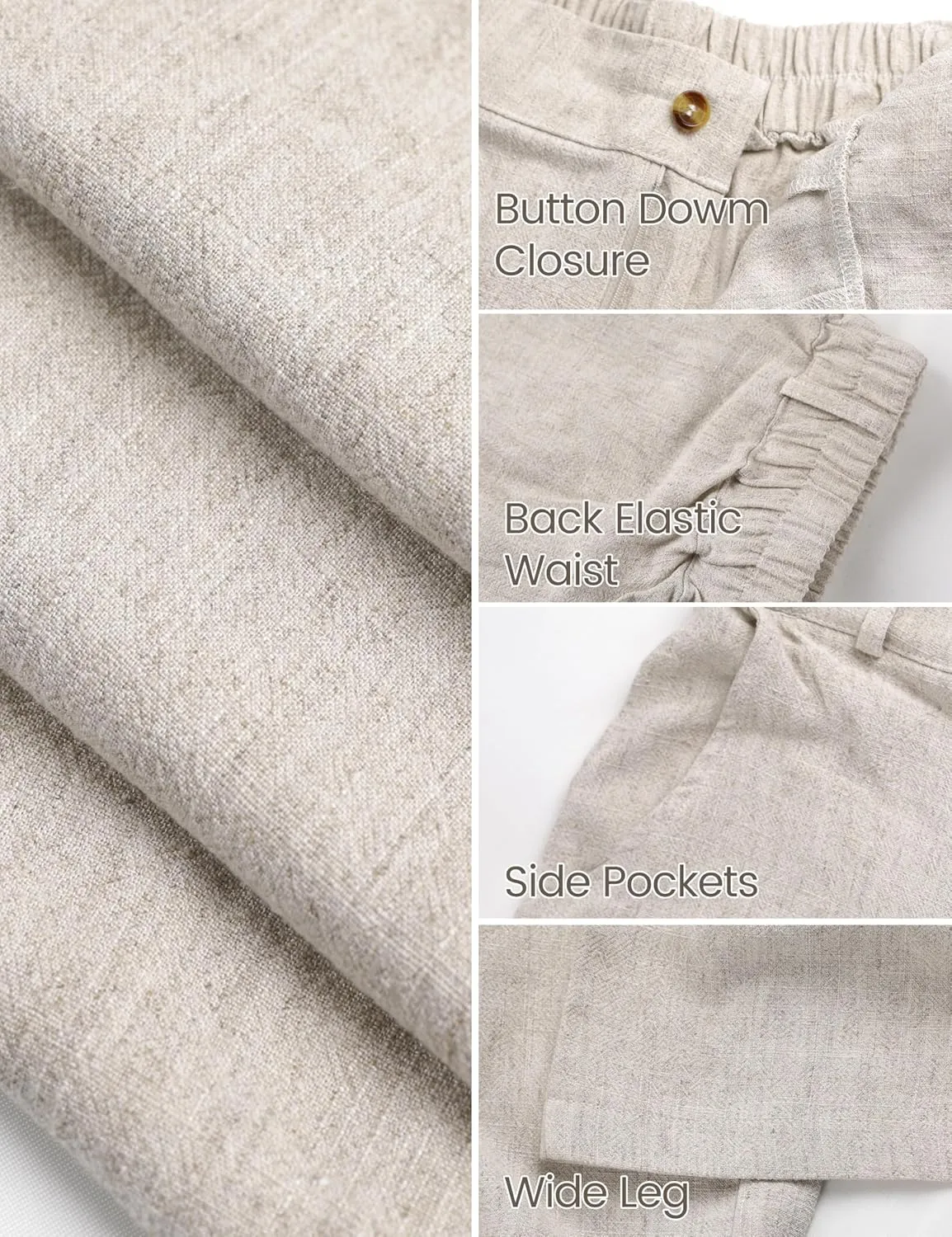 Hooever Womens Cotton Linen Pants Casual Button Up High Waisted Wide Leg Trousers