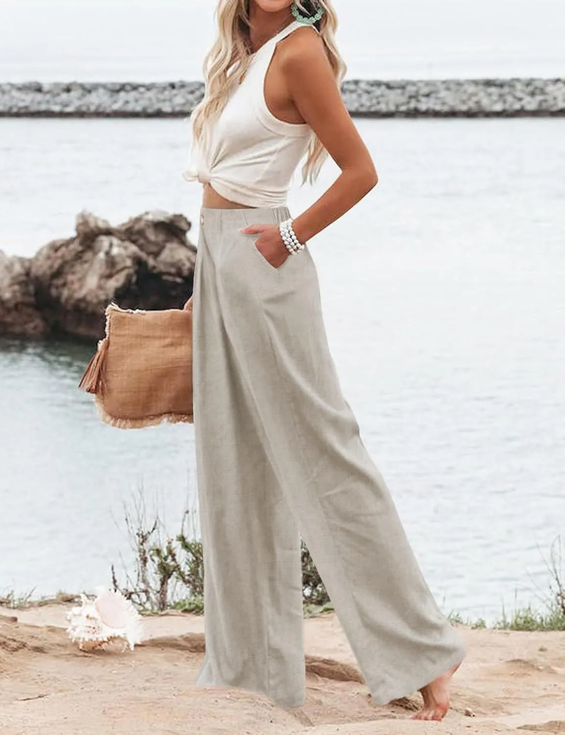 Hooever Womens Cotton Linen Pants Casual Button Up High Waisted Wide Leg Trousers