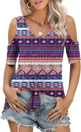 KTILG Cold Shoulder Tops for Women Summer Casual Tie Knot Front V Neck Short Sleeve Shirts Blouses
