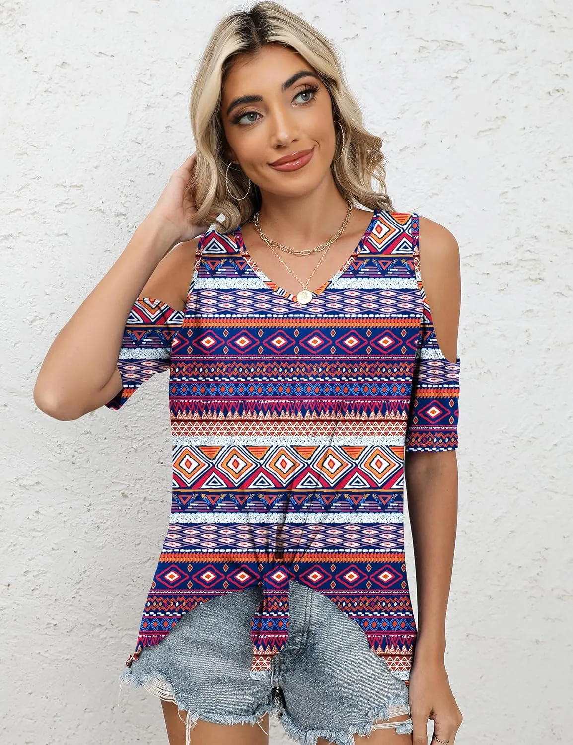 KTILG Cold Shoulder Tops for Women Summer Casual Tie Knot Front V Neck Short Sleeve Shirts Blouses