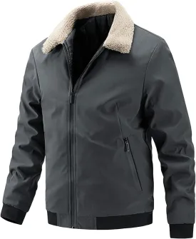 Maiyifu-GJ Men's Faux Fur Collar Bomber Jacket Winter Warm Zipper Lapel Vintage Coat Lightweight Thermal Trucker Coats