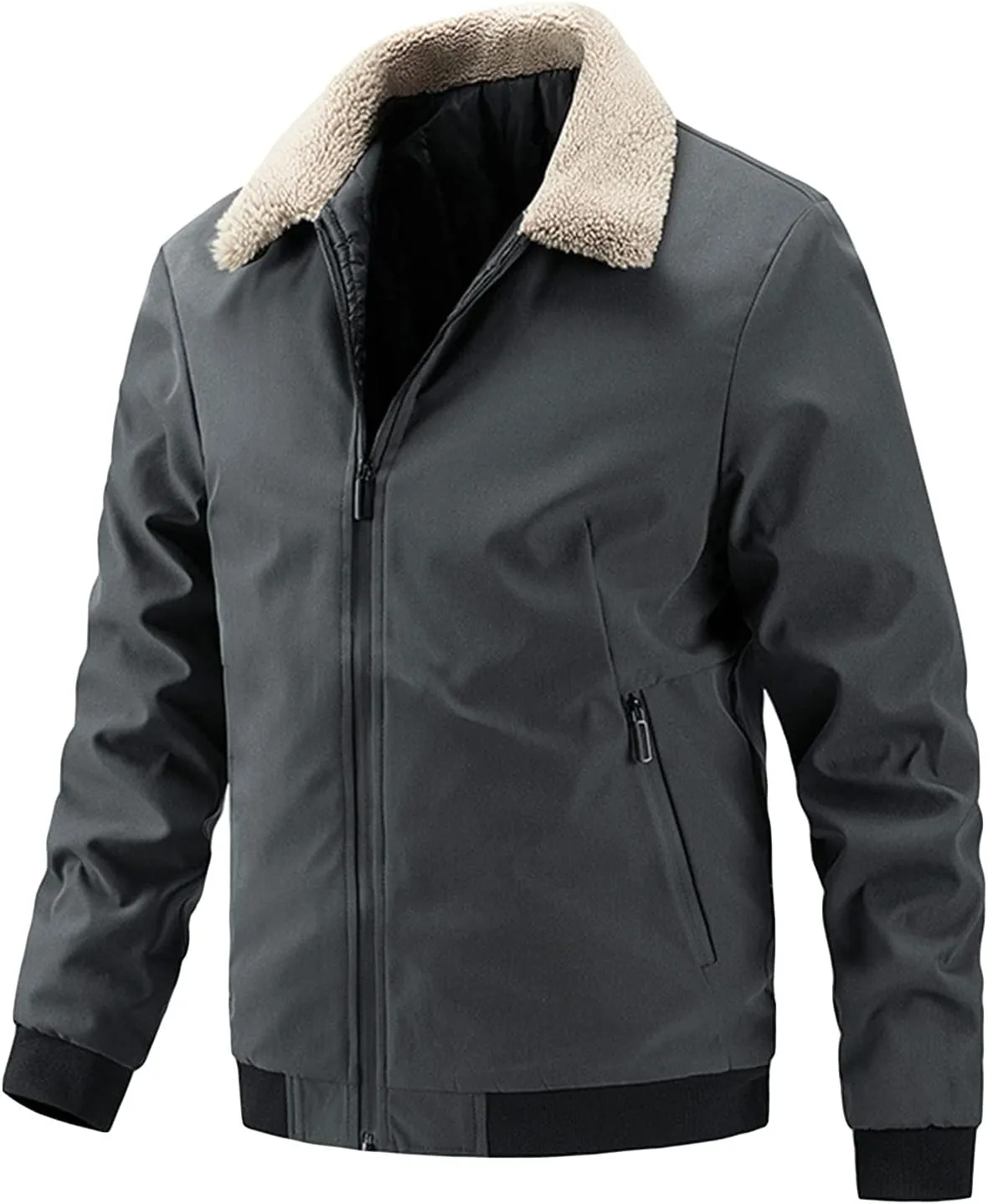 Maiyifu-GJ Men's Faux Fur Collar Bomber Jacket Winter Warm Zipper Lapel Vintage Coat Lightweight Thermal Trucker Coats