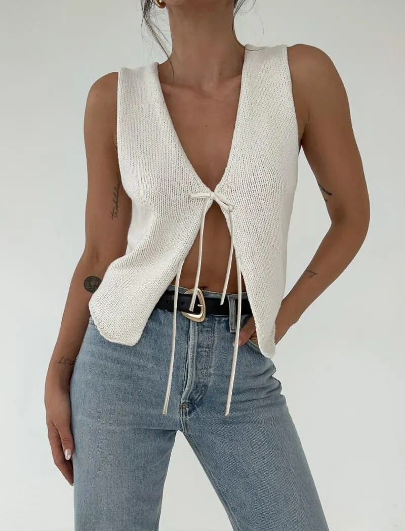 Meihuida Women Vest Top Tie Front Y2k Crochet Knit V Neck Sleeveless Vest Casual Streetwear