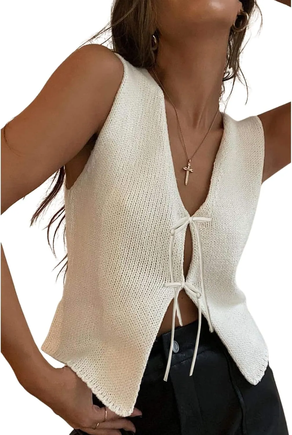 Meihuida Women Vest Top Tie Front Y2k Crochet Knit V Neck Sleeveless Vest Casual Streetwear