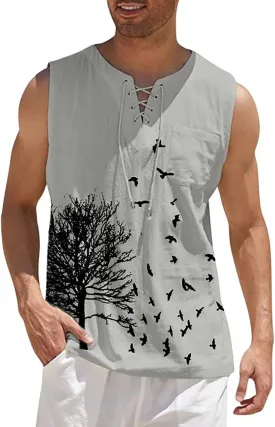 Men's Cotton Linen Tank Top Casual Sleeveless Henley Tank Shirts Lace Up Beach Hippie Tops Bohemian Pirate Tunic
