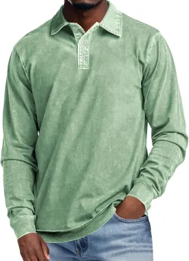 Men's Long Sleeve Polo Shirts Distressed Washed Cotton T-Shirt Lightweight Casual Button Collared Shirt Top