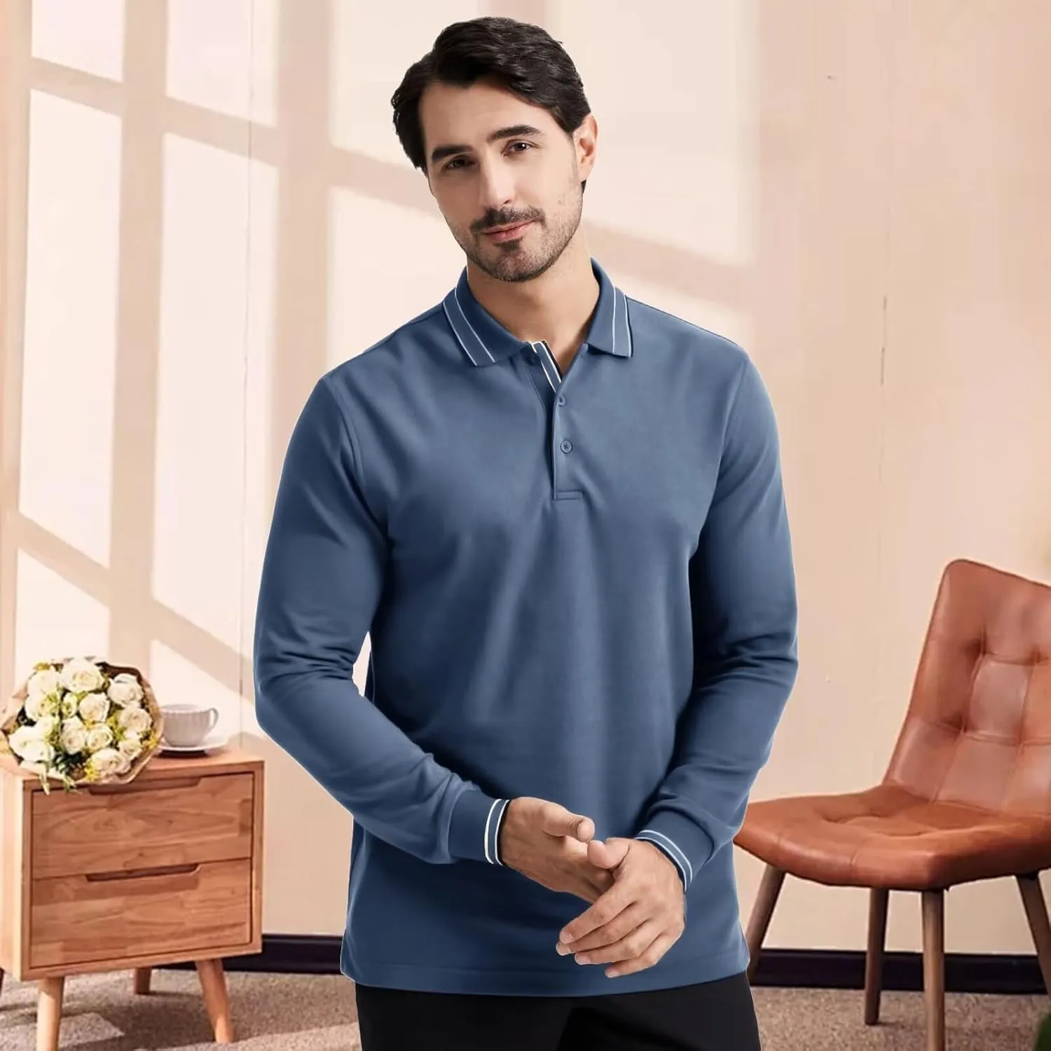 Men's Pique Polo Shirts Long Sleeve Cotton Blend Tipped Casual Collared Polo Shirts Business Classic Fit
