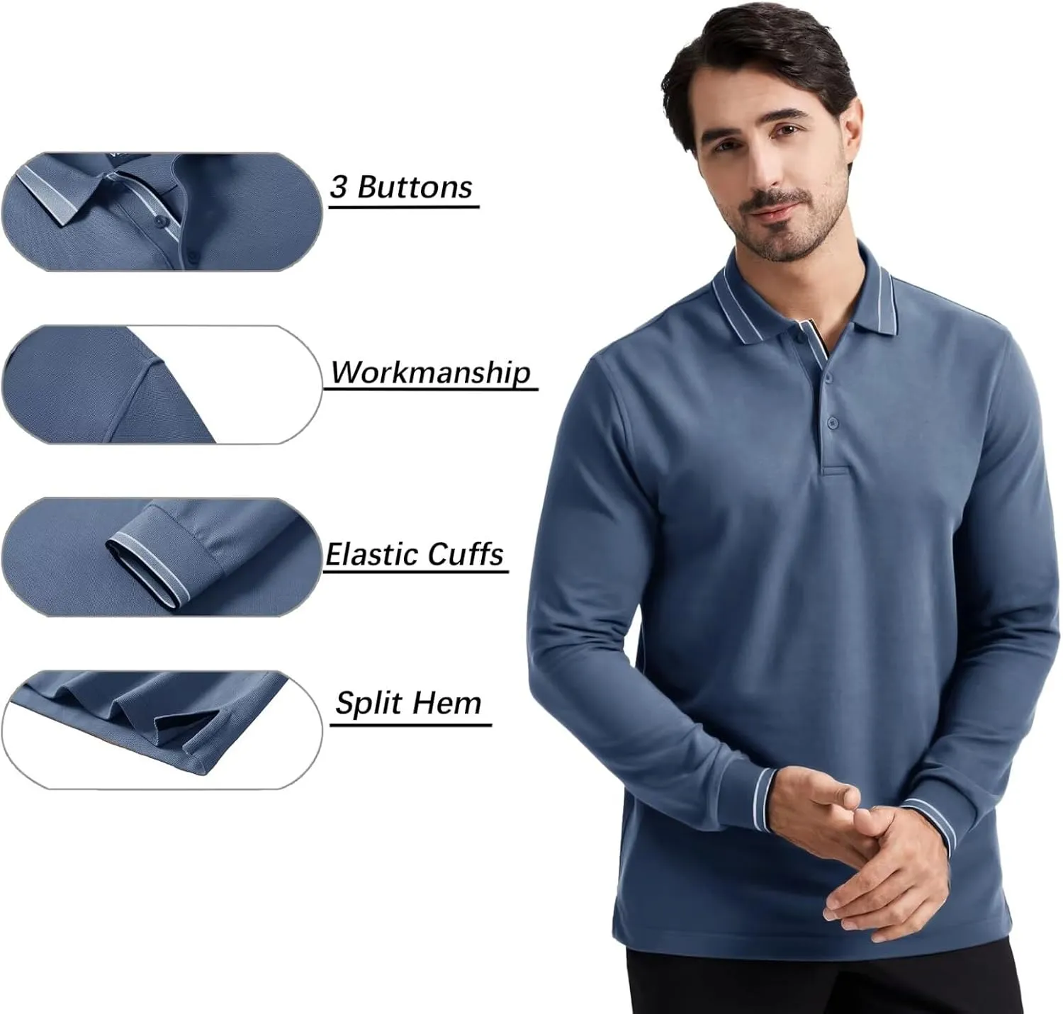 Men's Pique Polo Shirts Long Sleeve Cotton Blend Tipped Casual Collared Polo Shirts Business Classic Fit