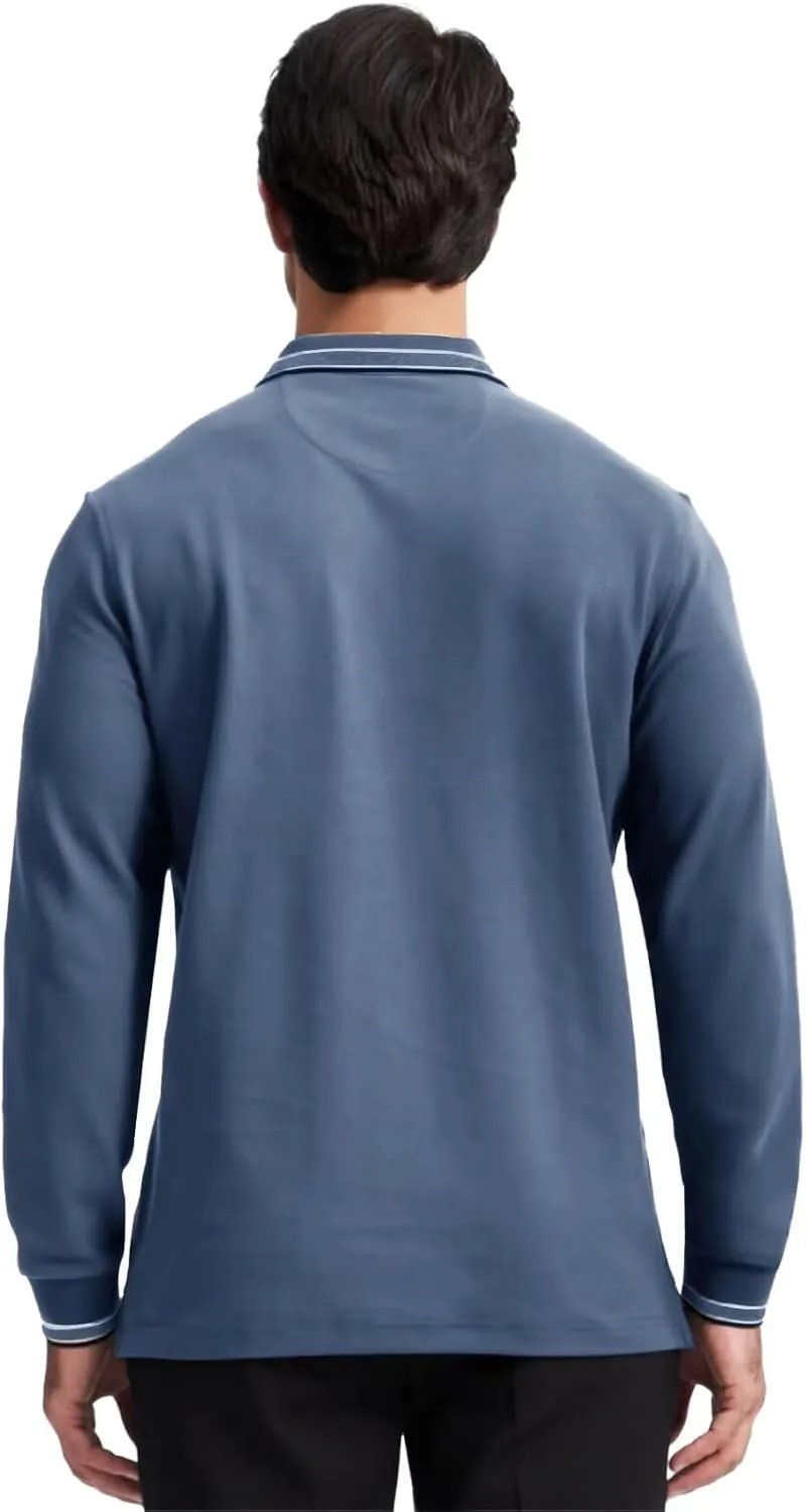 Men's Pique Polo Shirts Long Sleeve Cotton Blend Tipped Casual Collared Polo Shirts Business Classic Fit