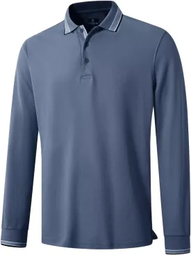 Men's Pique Polo Shirts Long Sleeve Cotton Blend Tipped Casual Collared Polo Shirts Business Classic Fit