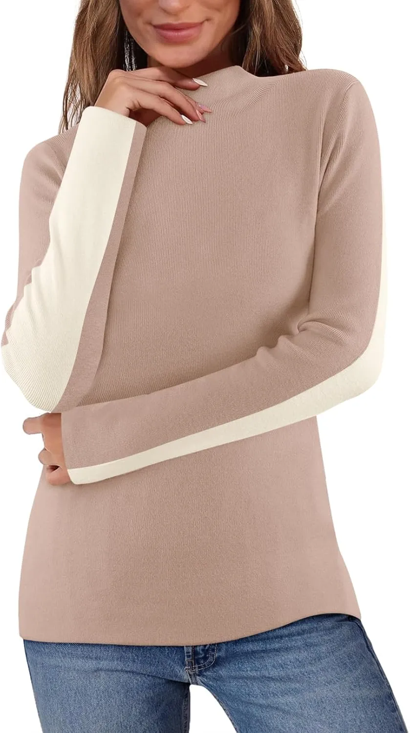 MEROKEETY Women's 2025 Fall Mock Neck Lightweight Pullover Sweater Fitted Ribbed Long Sleeve Color Block Knit Tee Shirt Tops