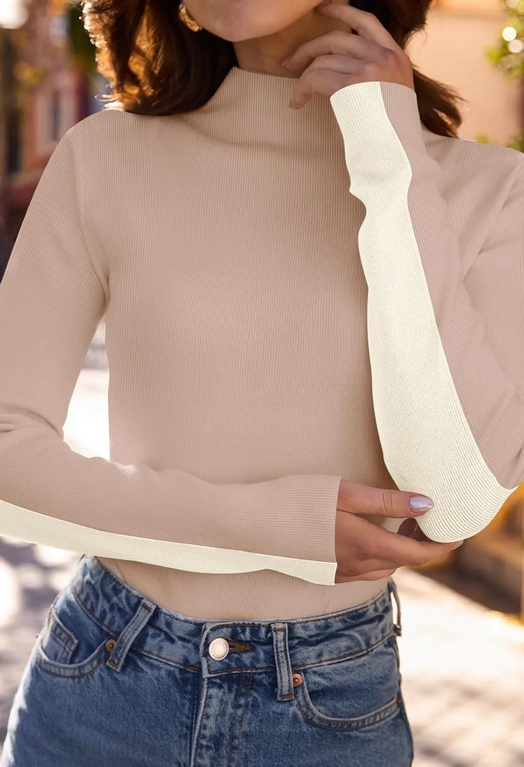 MEROKEETY Women's 2025 Fall Mock Neck Lightweight Pullover Sweater Fitted Ribbed Long Sleeve Color Block Knit Tee Shirt Tops