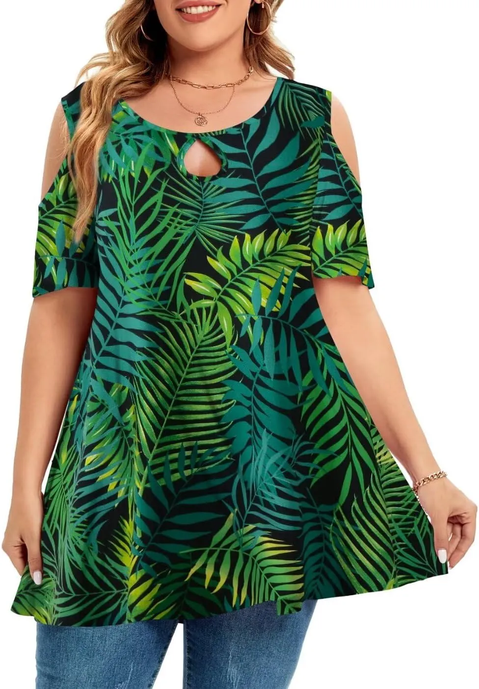 MONNURO Plus Size Cold Shoulder Tops For Women Sexy Ruffle Short Sleeve Tunic