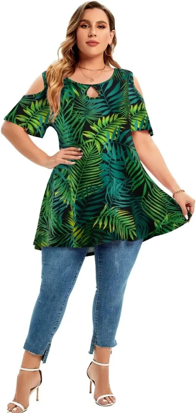 MONNURO Plus Size Cold Shoulder Tops For Women Sexy Ruffle Short Sleeve Tunic