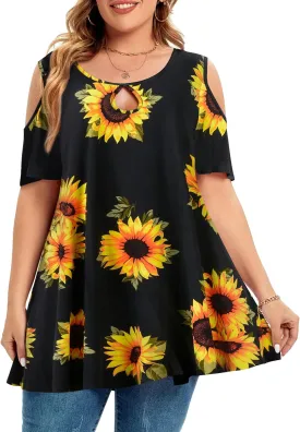MONNURO Plus Size Cold Shoulder Tops For Women Sexy Ruffle Short Sleeve Tunic