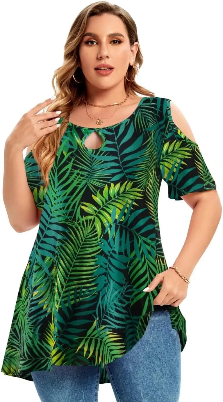 MONNURO Plus Size Cold Shoulder Tops For Women Sexy Ruffle Short Sleeve Tunic