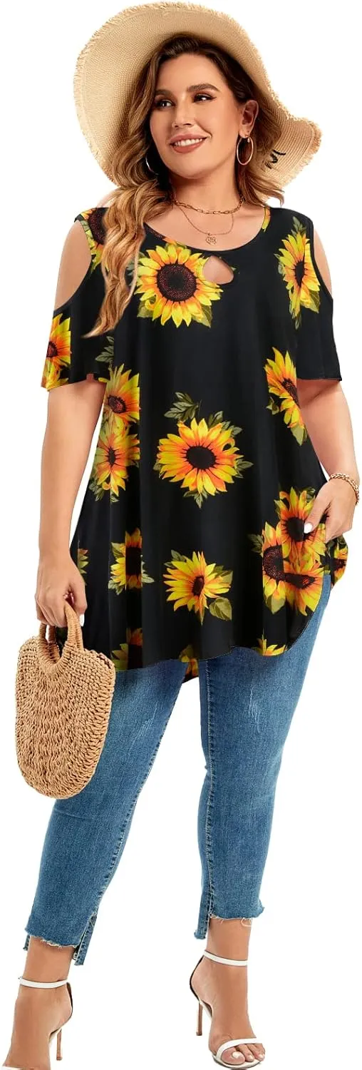 MONNURO Plus Size Cold Shoulder Tops For Women Sexy Ruffle Short Sleeve Tunic