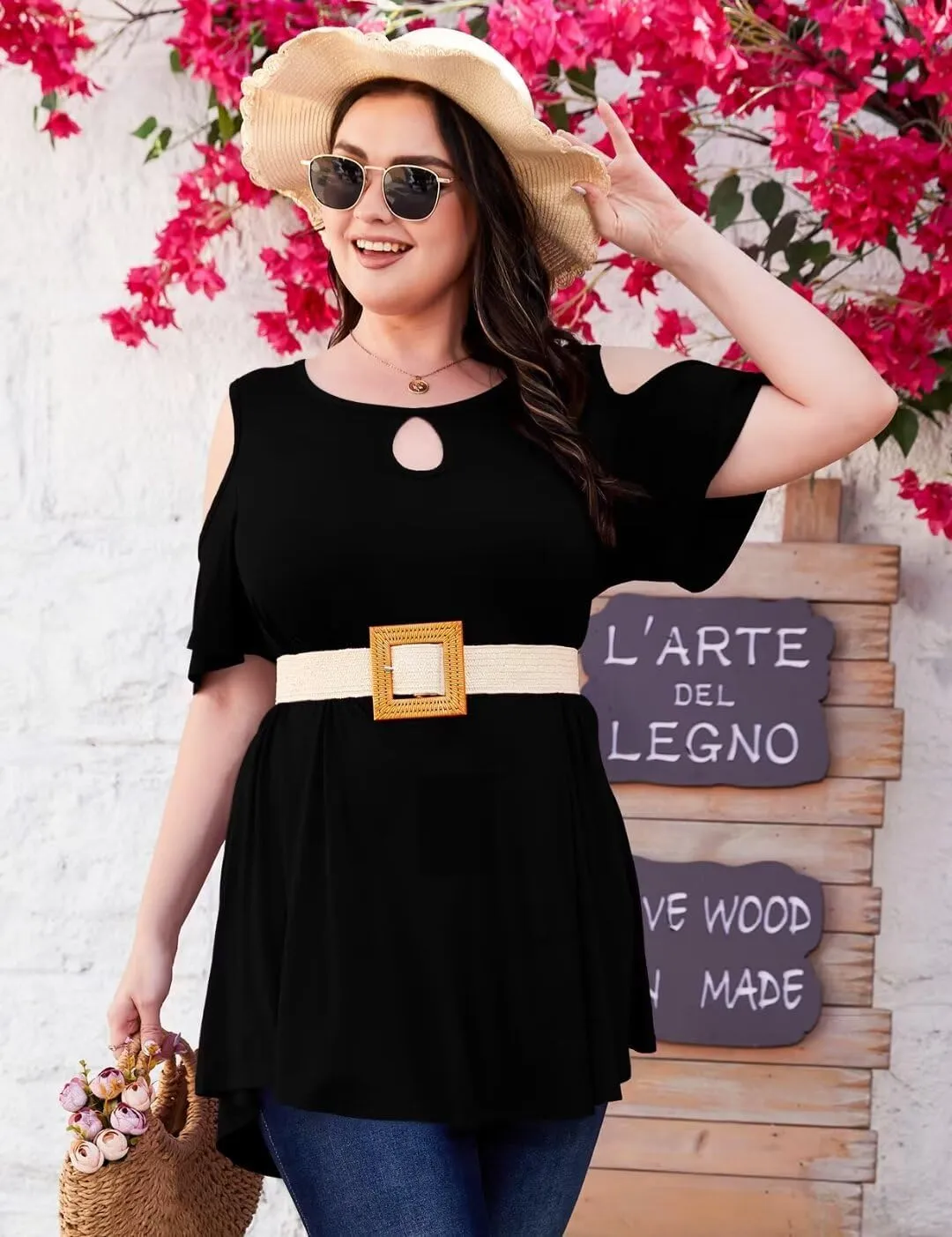MONNURO Plus Size Cold Shoulder Tops For Women Sexy Ruffle Short Sleeve Tunic